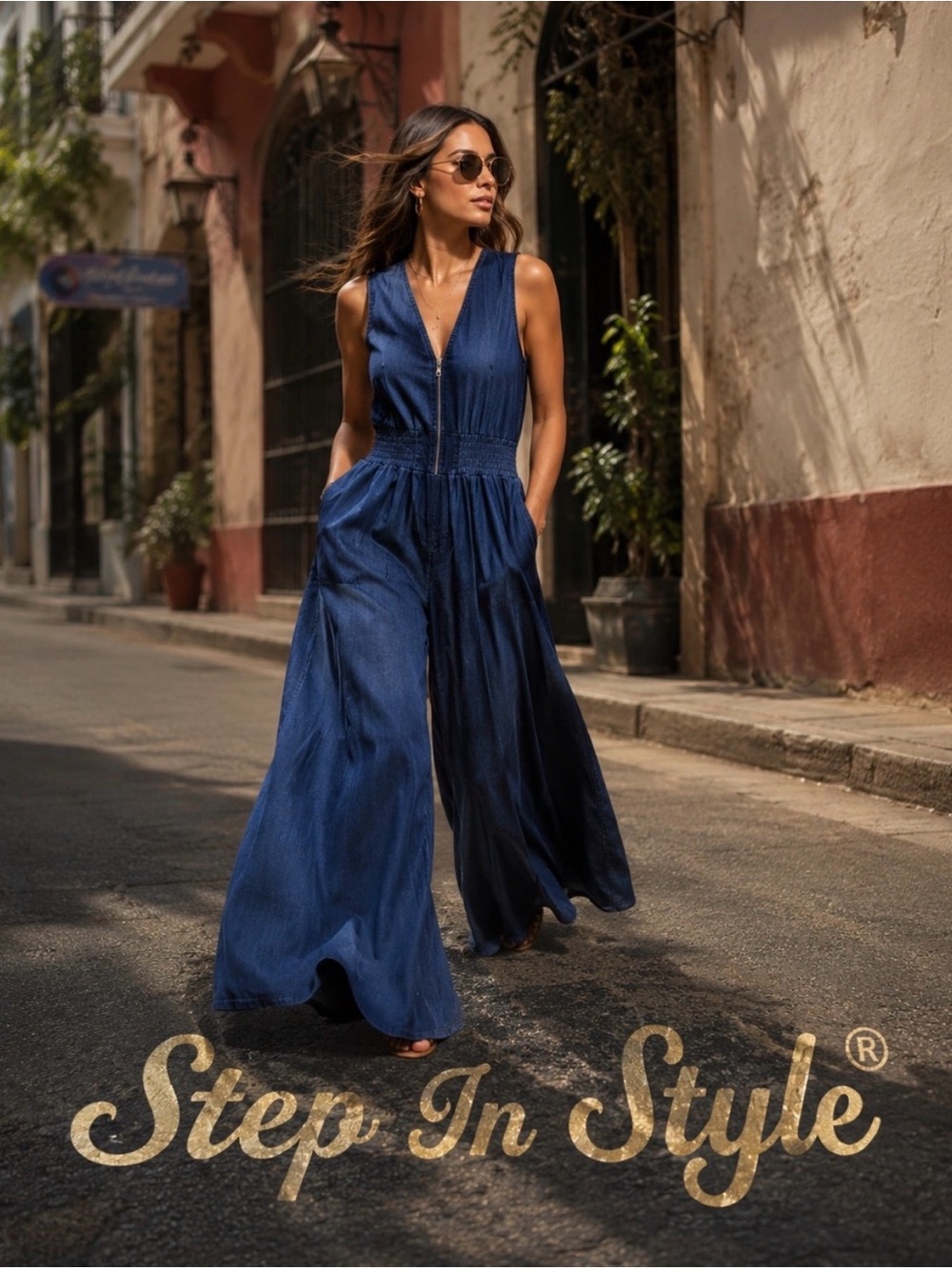 Step In Style Sleeveless Wide-Leg Jumpsuit — Navy Blue